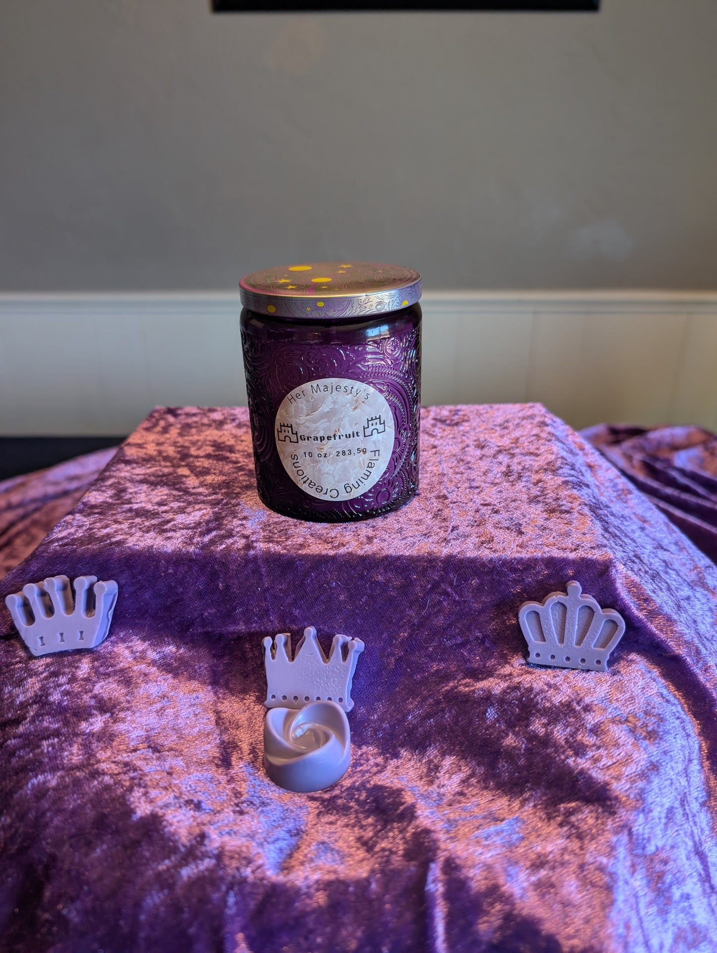 8 oz Purple Embossed Glass Candle – Fit for Royalty